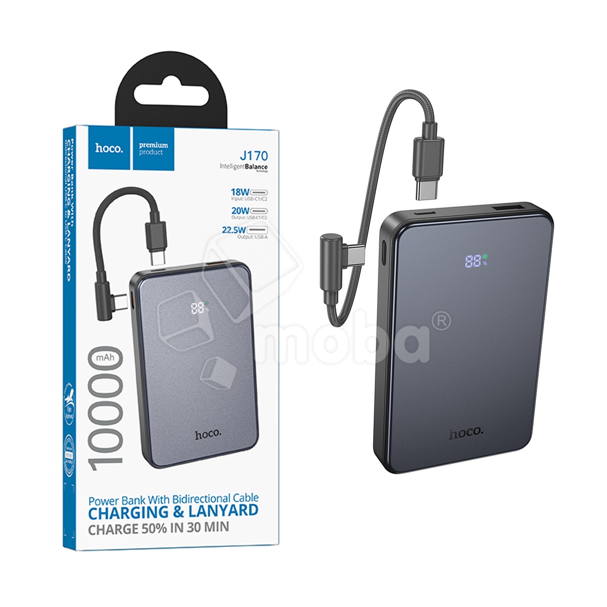 Внешний Аккумулятор (Power Bank) Hoco J170 10000 mAh (22.5W, 20W, PD, Type-C, кабель Type-C, LED дисплей) Серый